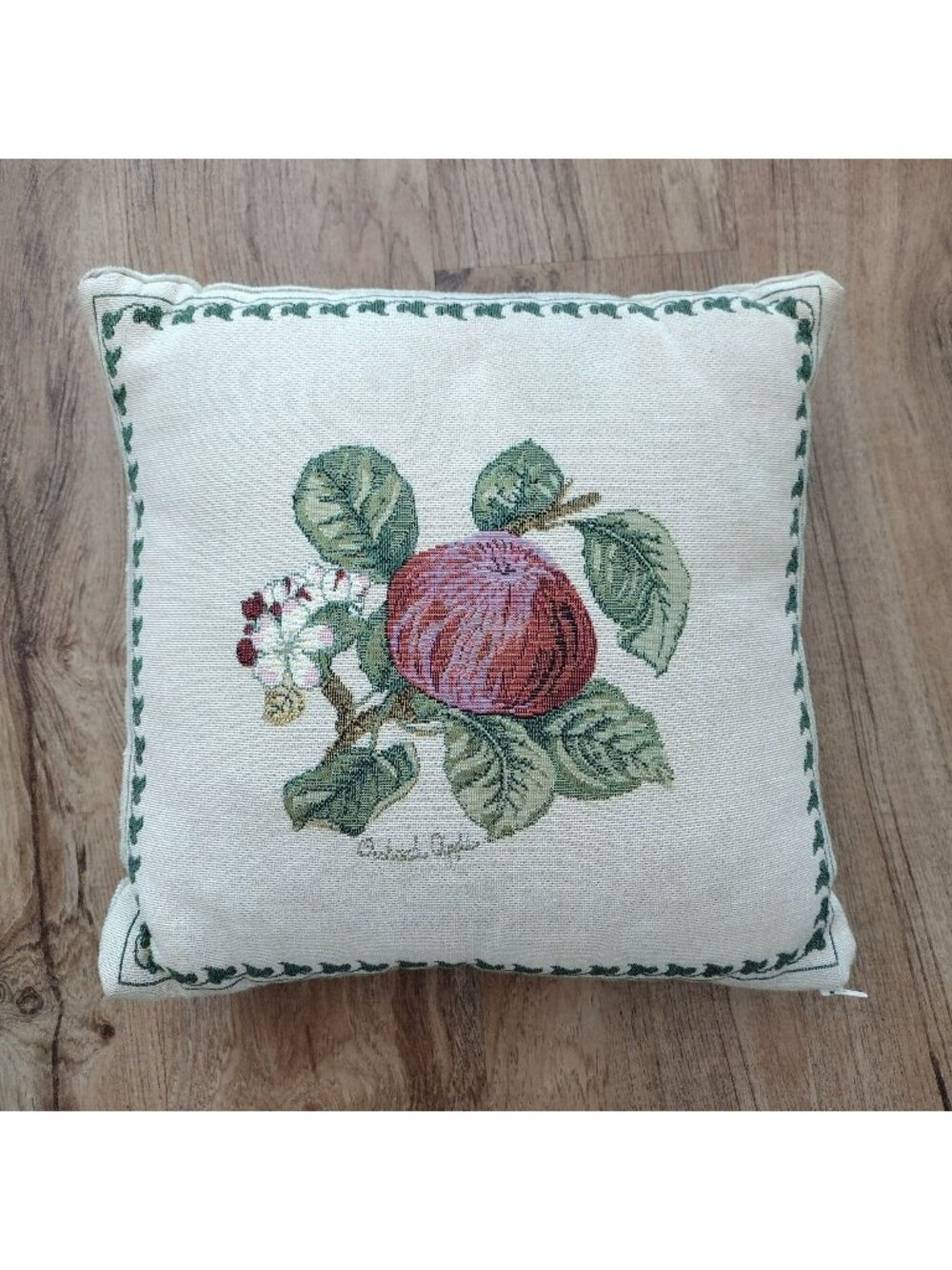 Orchid Tapestry Throw Pillow 14" Fruit Design & Green Border Made In Belgium